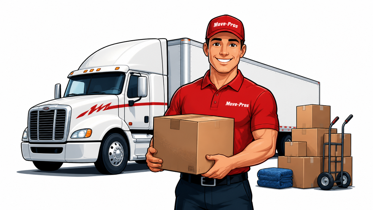 Illustrated Move-Pros mover holding a box in front of a moving truck