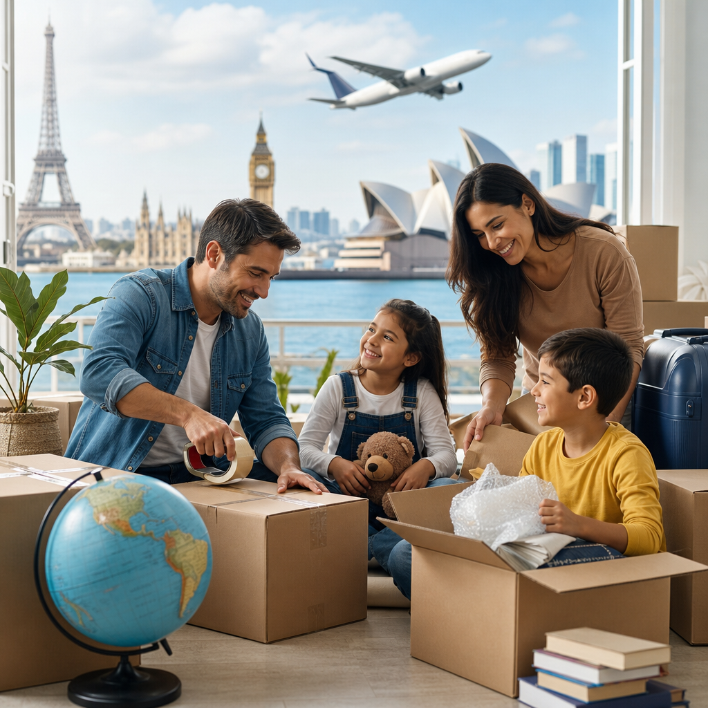 A family packing for an international move, with landmarks from Paris, London and Sydney beyond the window