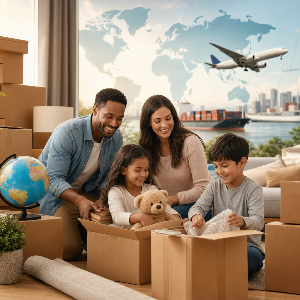A family packing Move-Pros cartons before an overseas relocation, with container ships and aircraft beyond