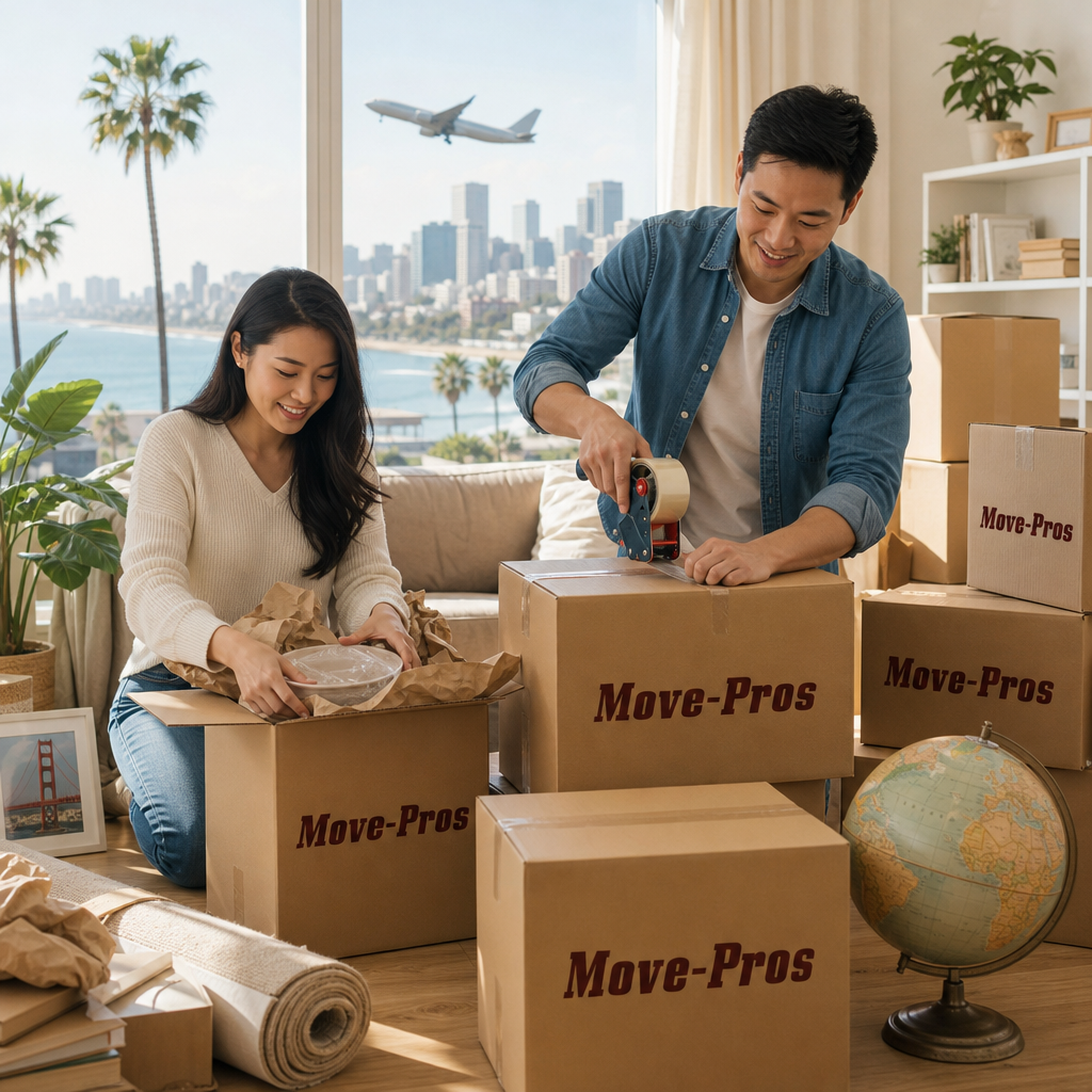 A Move-Pros crew packing cartons for export with the Bay Area skyline beyond