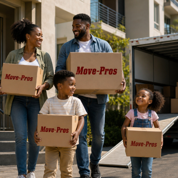 A family carrying Move-Pros boxes from the moving truck to their new home